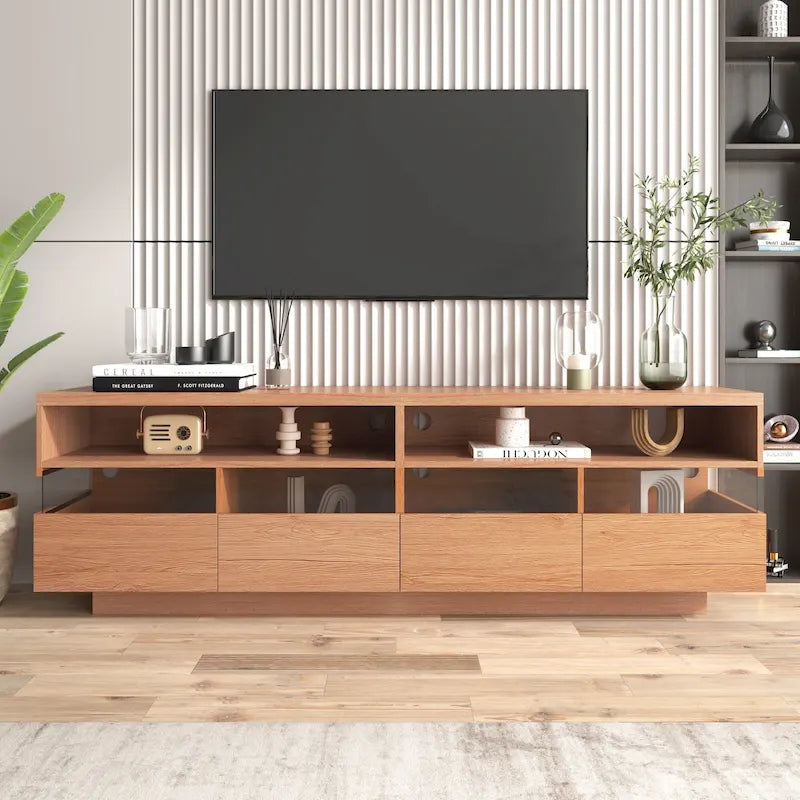 Meuble TV moderne imitation bois avec 4 tiroirs Panneaux acryliques Finition naturelle