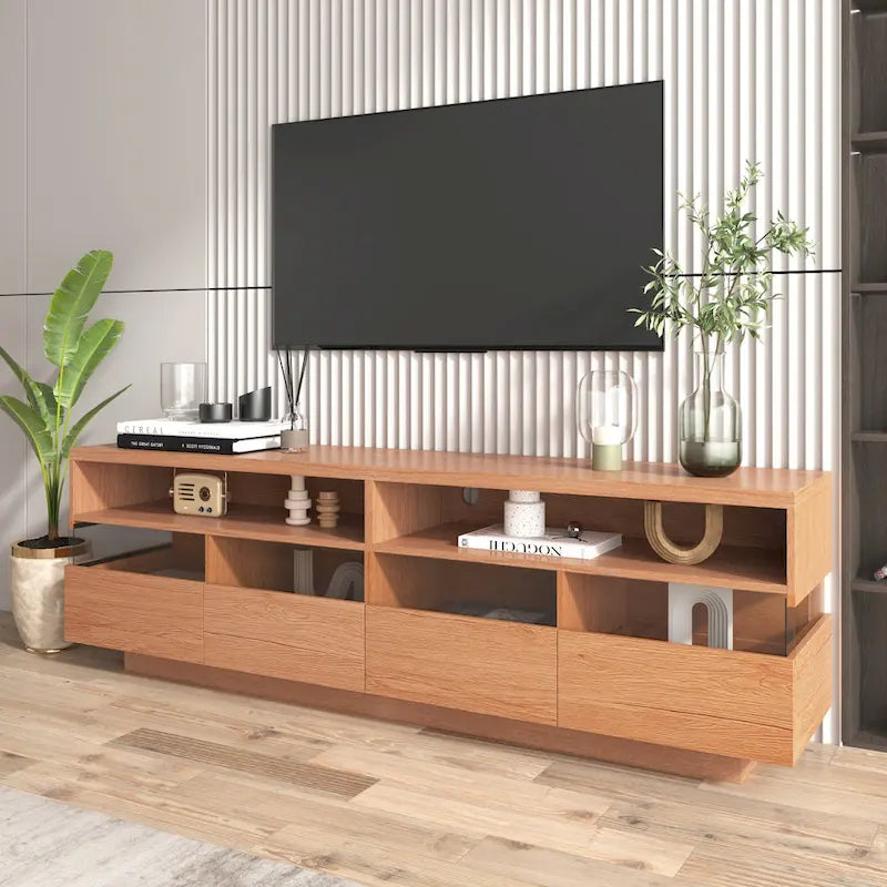 Meuble TV moderne imitation bois avec 4 tiroirs Panneaux acryliques Finition naturelle