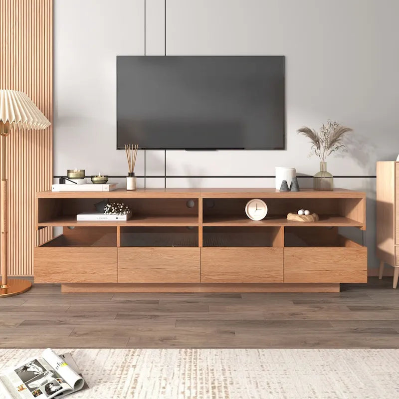 Meuble TV moderne imitation bois avec 4 tiroirs Panneaux acryliques Finition naturelle