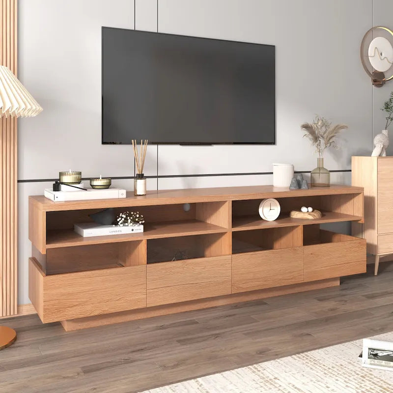 Meuble TV moderne imitation bois avec 4 tiroirs Panneaux acryliques Finition naturelle