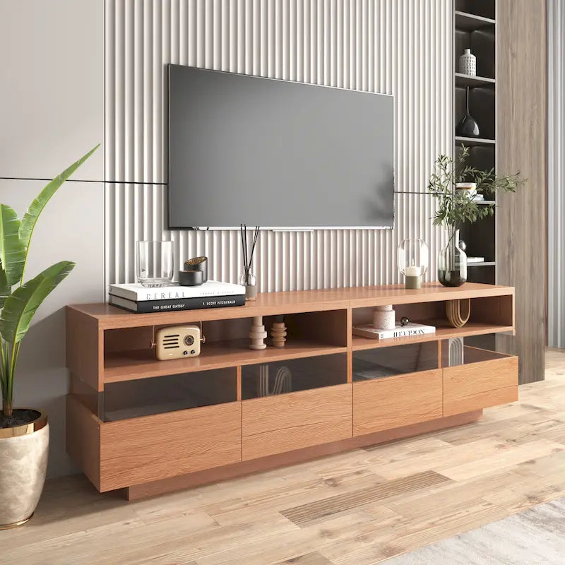 Meuble TV moderne imitation bois avec 4 tiroirs Panneaux acryliques Finition naturelle