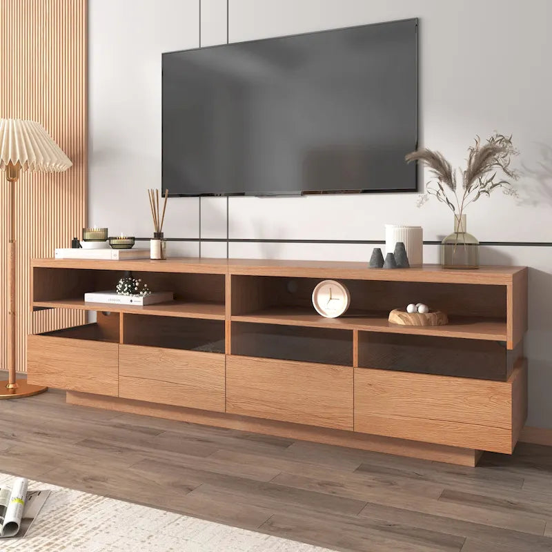Meuble TV moderne imitation bois avec 4 tiroirs Panneaux acryliques Finition naturelle