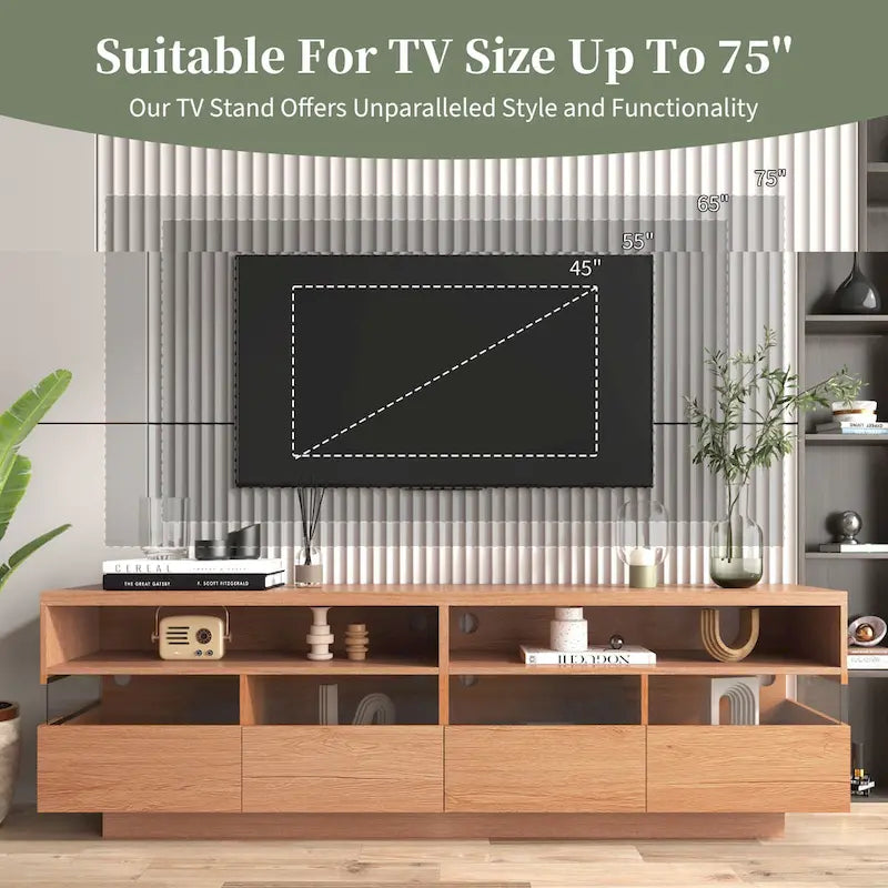 Meuble TV moderne imitation bois avec 4 tiroirs Panneaux acryliques Finition naturelle