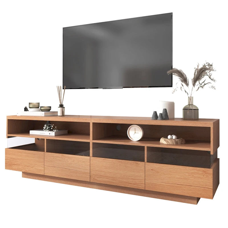 Meuble TV moderne imitation bois avec 4 tiroirs Panneaux acryliques Finition naturelle