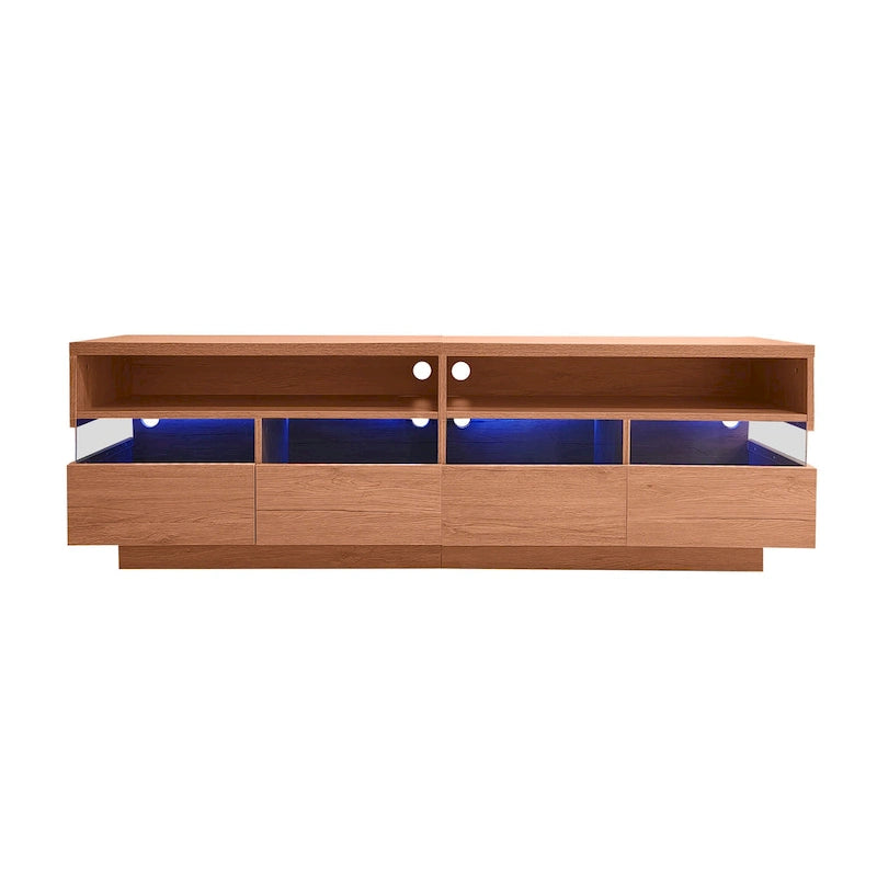 Meuble TV moderne imitation bois avec 4 tiroirs Panneaux acryliques Finition naturelle