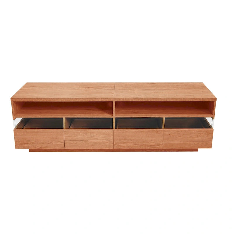 Meuble TV moderne imitation bois avec 4 tiroirs Panneaux acryliques Finition naturelle