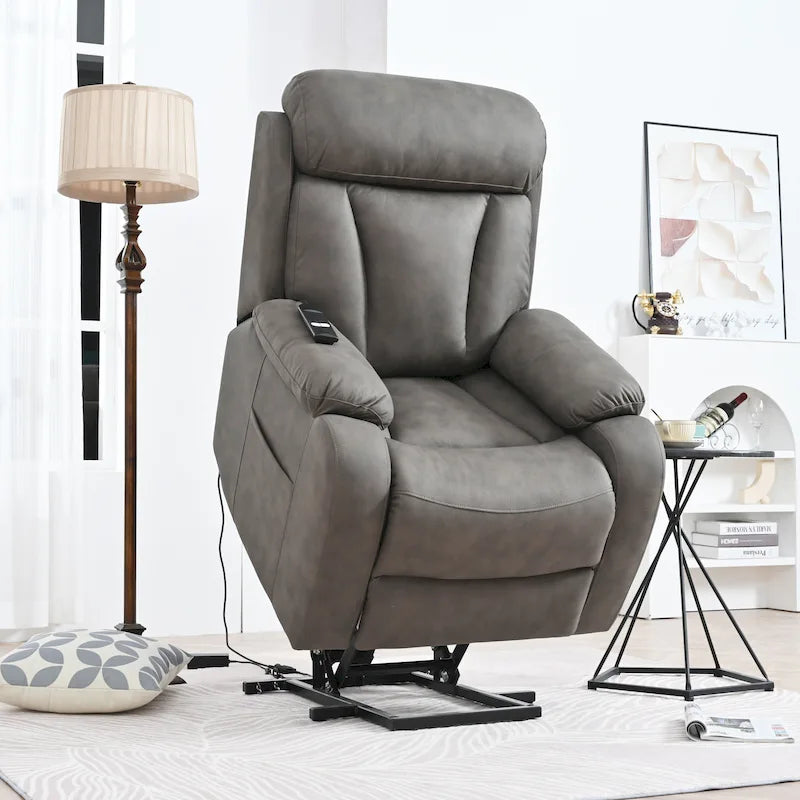 Fauteuil inclinable releveur avec télécommande, rembourrage épais, poche latérale, cadre robuste, tissu gris clair