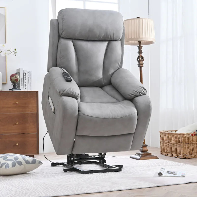Grey Fabric Power Lift Recliner Chair for Elderly, with Remote Control, Overstuffed Cushion, Side Pocket, and Heavy-Duty Frame