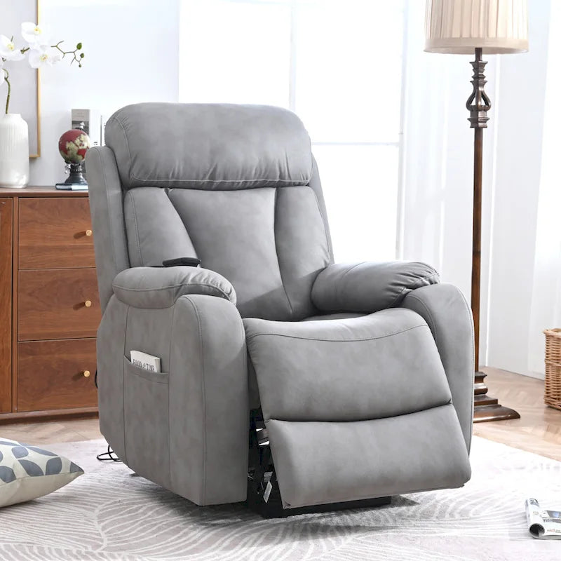 Fauteuil inclinable releveur avec télécommande, rembourrage épais, poche latérale, cadre robuste, tissu gris clair