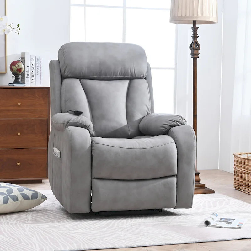 Fauteuil inclinable releveur avec télécommande, rembourrage épais, poche latérale, cadre robuste, tissu gris clair