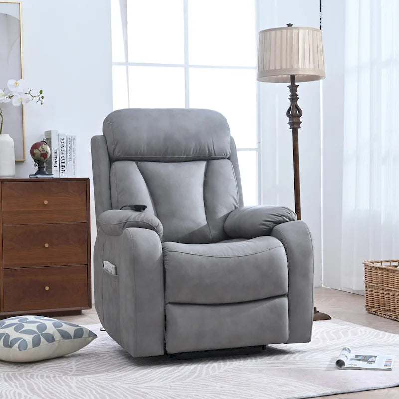 Fauteuil inclinable releveur avec télécommande, rembourrage épais, poche latérale, cadre robuste, tissu gris clair