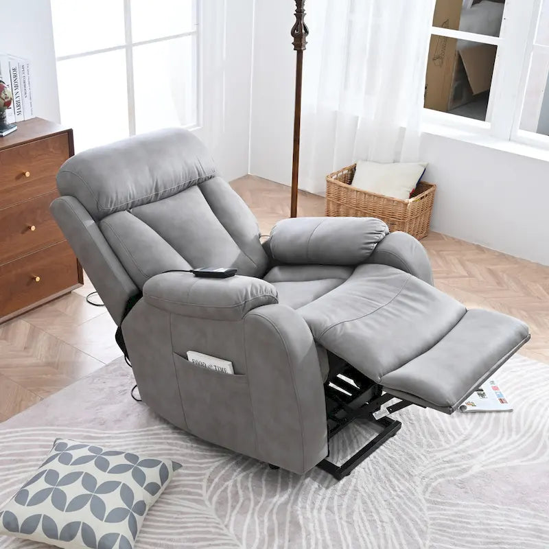 Fauteuil inclinable releveur avec télécommande, rembourrage épais, poche latérale, cadre robuste, tissu gris clair