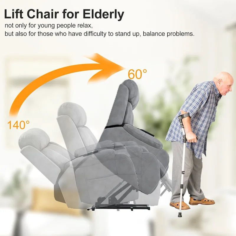 Fauteuil inclinable releveur avec télécommande, rembourrage épais, poche latérale, cadre robuste, tissu gris clair