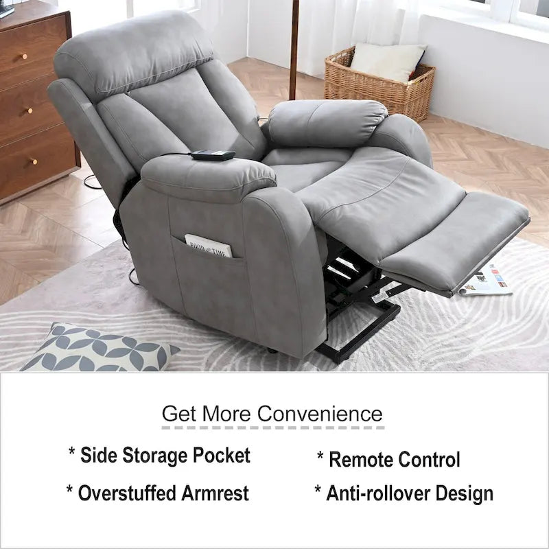 Fauteuil inclinable releveur avec télécommande, rembourrage épais, poche latérale, cadre robuste, tissu gris clair