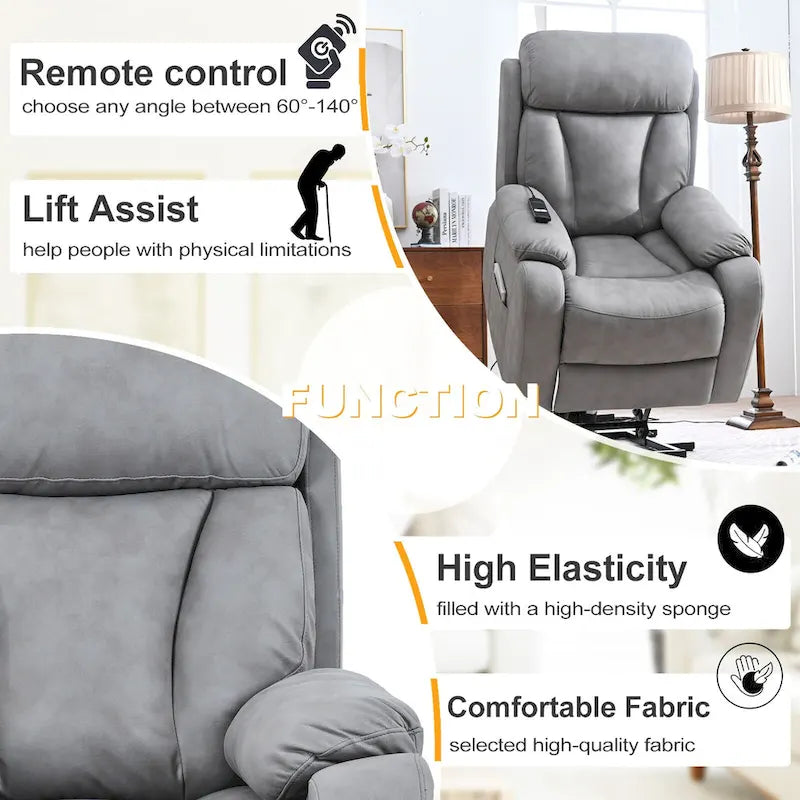 Fauteuil inclinable releveur avec télécommande, rembourrage épais, poche latérale, cadre robuste, tissu gris clair