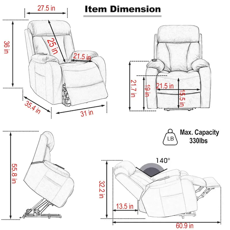 Fauteuil inclinable releveur avec télécommande, rembourrage épais, poche latérale, cadre robuste, tissu gris clair