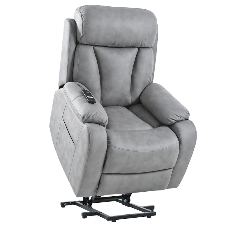 Fauteuil inclinable releveur avec télécommande, rembourrage épais, poche latérale, cadre robuste, tissu gris clair