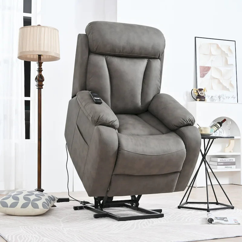 Fauteuil inclinable releveur avec télécommande, rembourrage épais, poche latérale, cadre robuste, tissu gris clair
