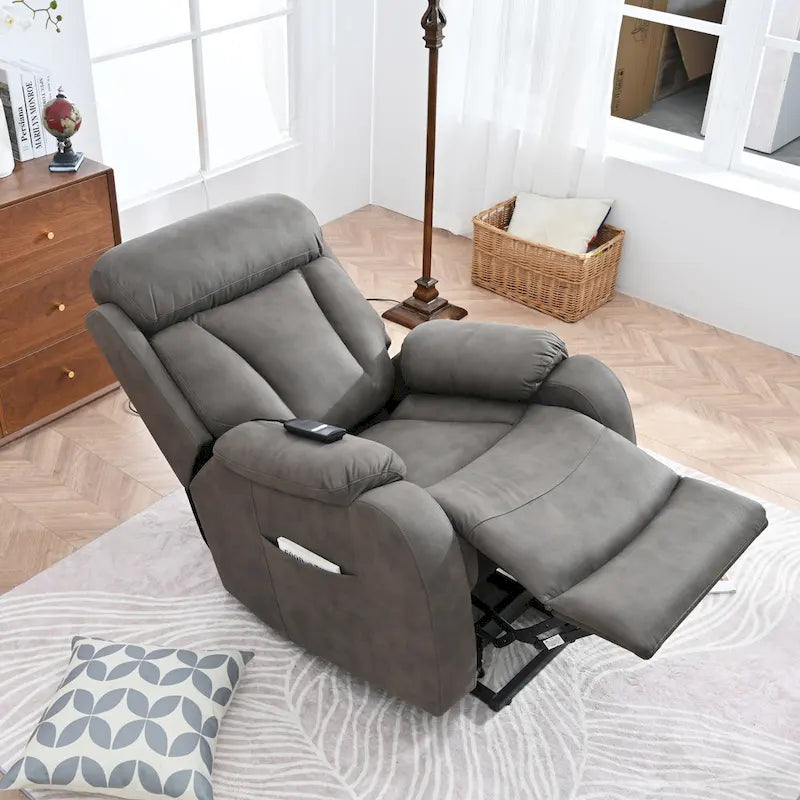Fauteuil inclinable releveur avec télécommande, rembourrage épais, poche latérale, cadre robuste, tissu gris clair