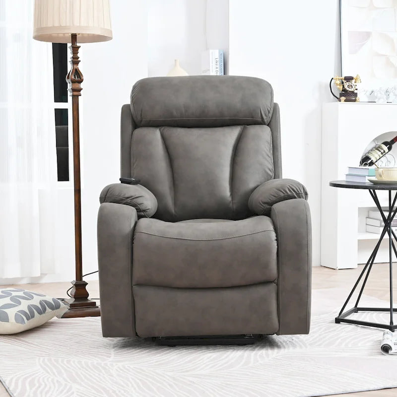 Fauteuil inclinable releveur avec télécommande, rembourrage épais, poche latérale, cadre robuste, tissu gris clair