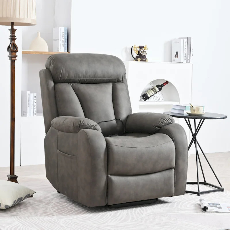 Fauteuil inclinable releveur avec télécommande, rembourrage épais, poche latérale, cadre robuste, tissu gris clair