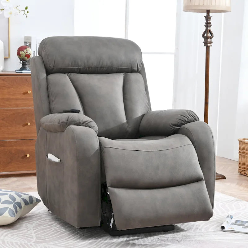 Fauteuil inclinable releveur avec télécommande, rembourrage épais, poche latérale, cadre robuste, tissu gris clair