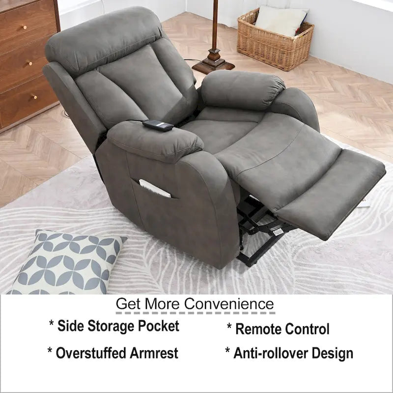 Fauteuil inclinable releveur avec télécommande, rembourrage épais, poche latérale, cadre robuste, tissu gris clair