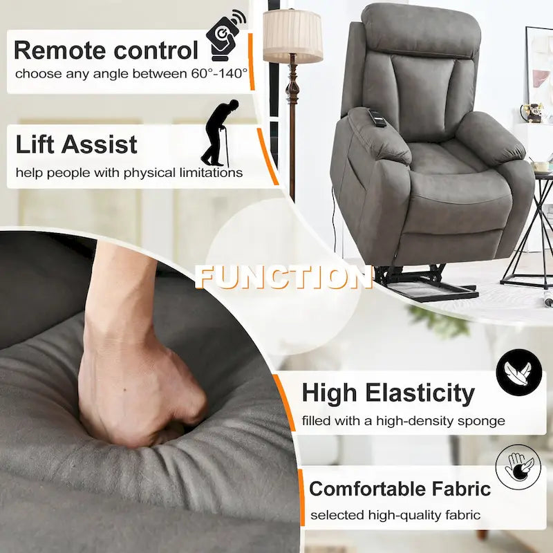 Fauteuil inclinable releveur avec télécommande, rembourrage épais, poche latérale, cadre robuste, tissu gris clair