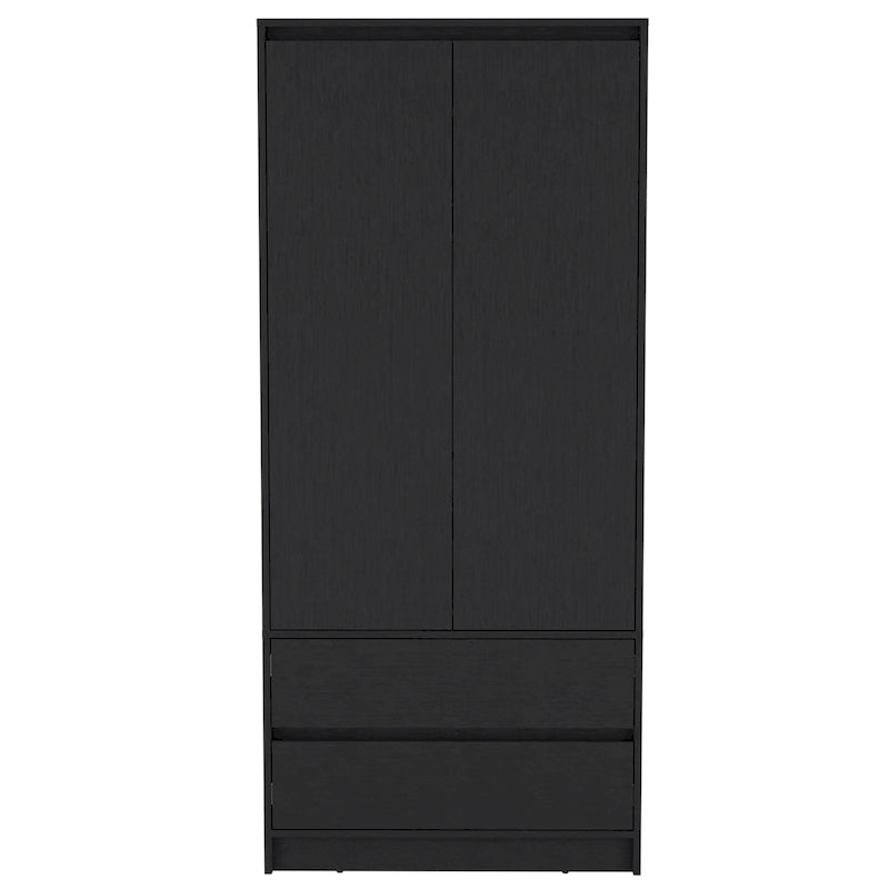 Armoire double porte moderne avec tringle de penderie et deux tiroirs inférieurs
