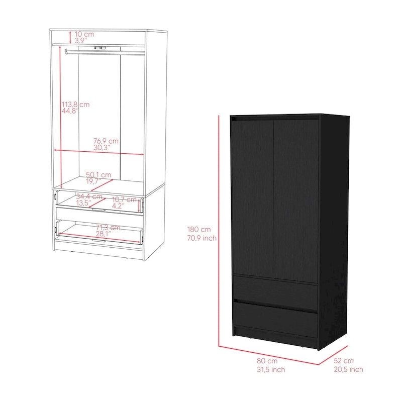 Armoire double porte moderne avec tringle de penderie et deux tiroirs inférieurs