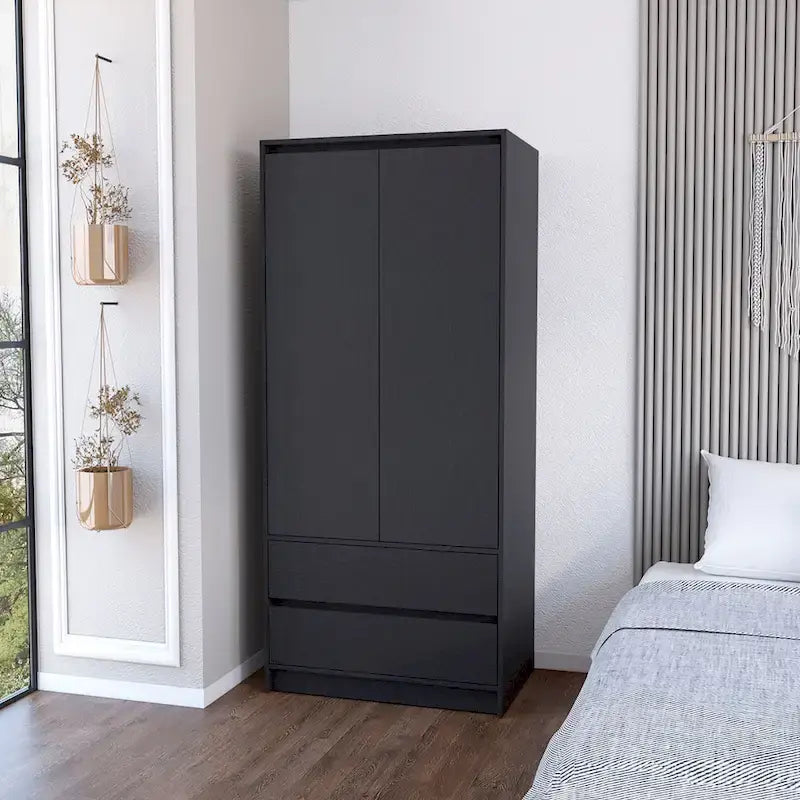 Armoire double porte moderne avec tringle de penderie et deux tiroirs inférieurs