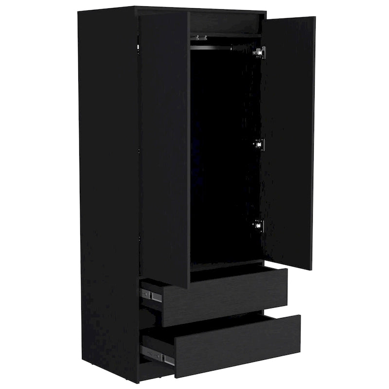 Armoire double porte moderne avec tringle de penderie et deux tiroirs inférieurs