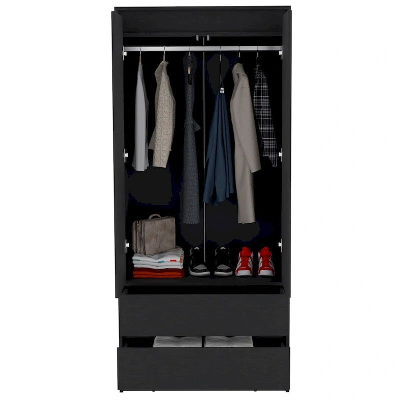Armoire double porte moderne avec tringle de penderie et deux tiroirs inférieurs