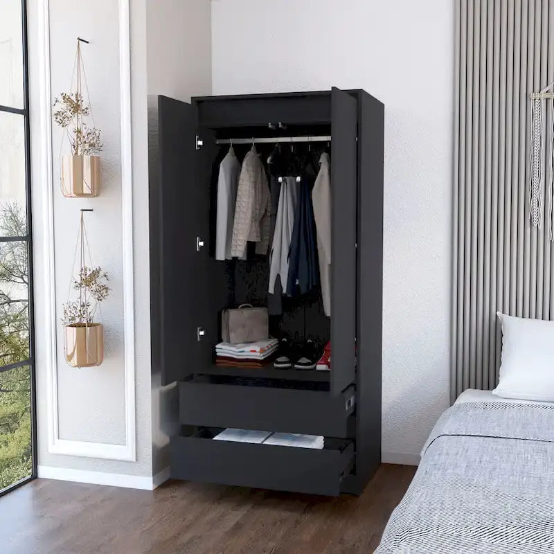 Armoire double porte moderne avec tringle de penderie et deux tiroirs inférieurs