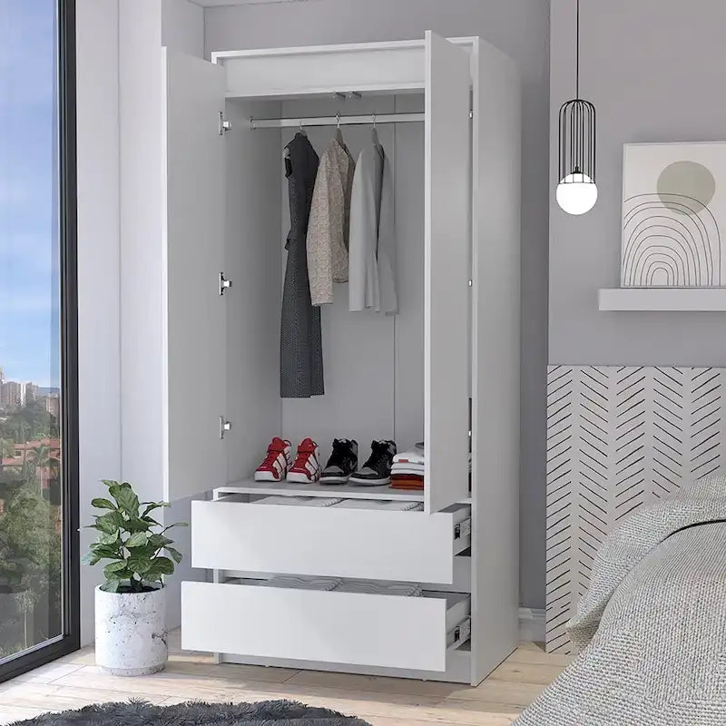 Armoire double porte moderne avec tringle de penderie et deux tiroirs inférieurs