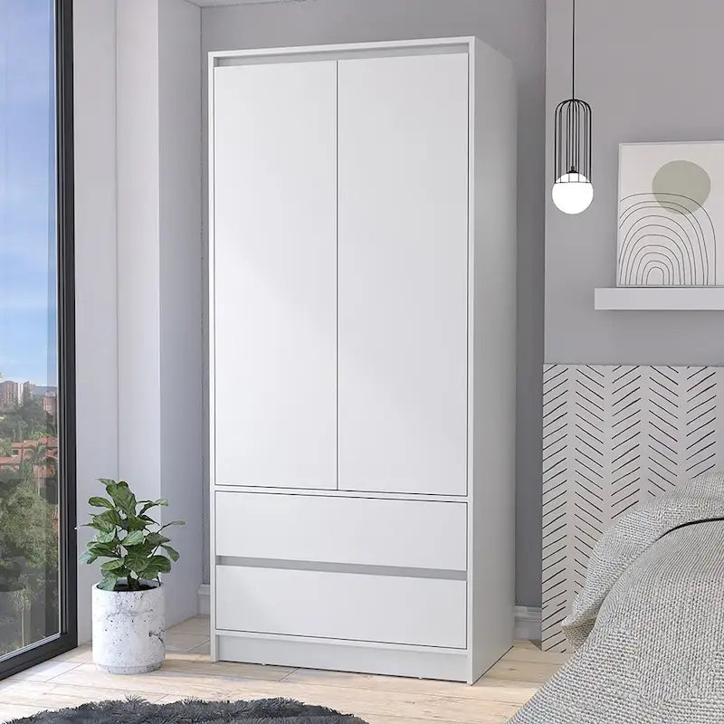 Armoire double porte moderne avec tringle de penderie et deux tiroirs inférieurs