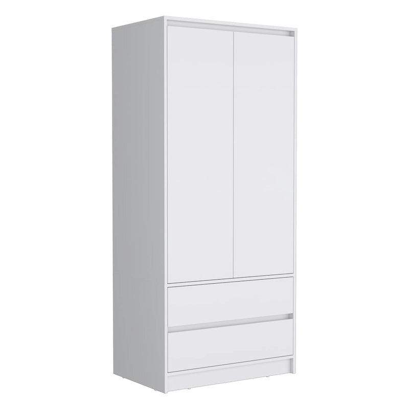 Armoire double porte moderne avec tringle de penderie et deux tiroirs inférieurs