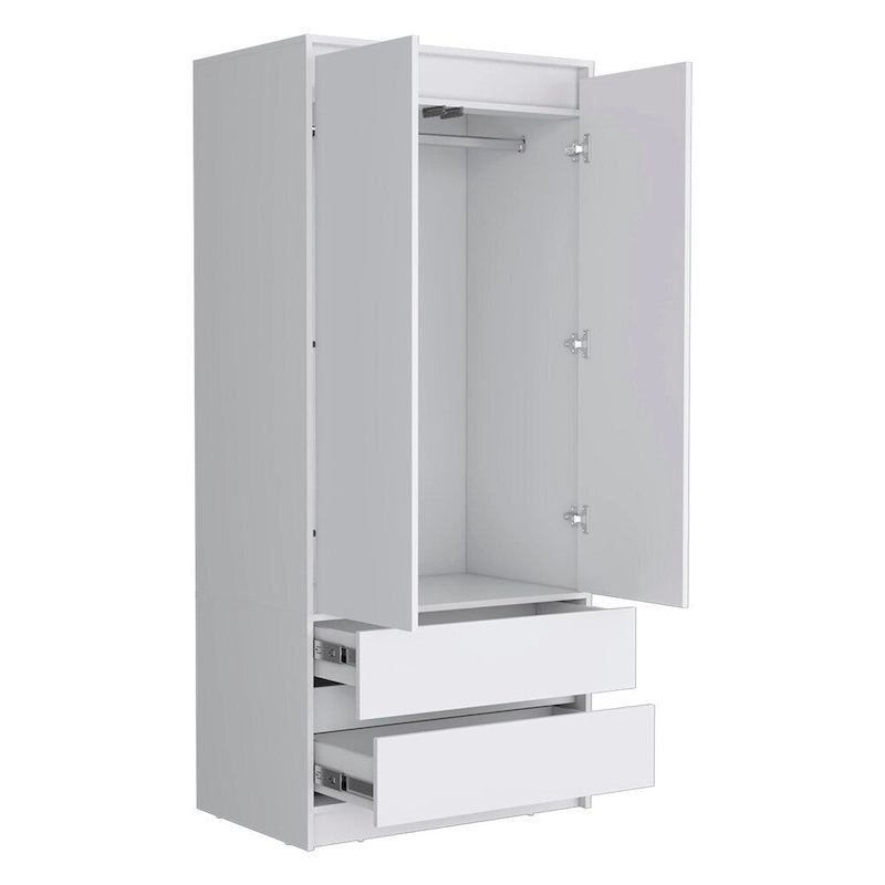 Armoire double porte moderne avec tringle de penderie et deux tiroirs inférieurs