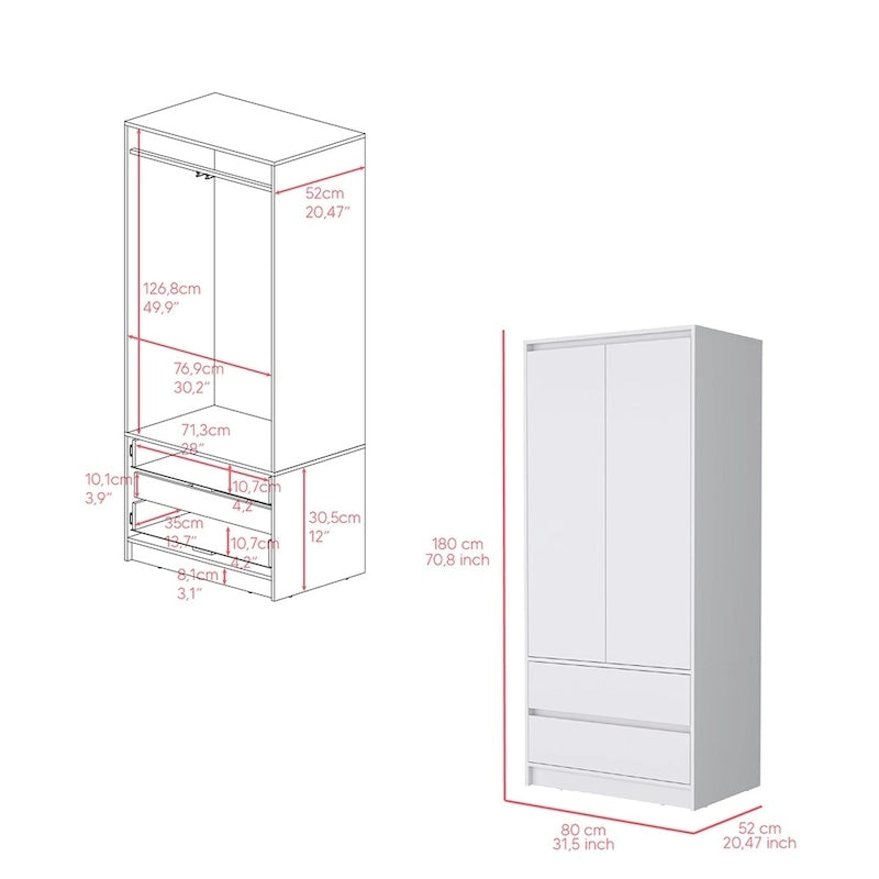 Armoire double porte moderne avec tringle de penderie et deux tiroirs inférieurs