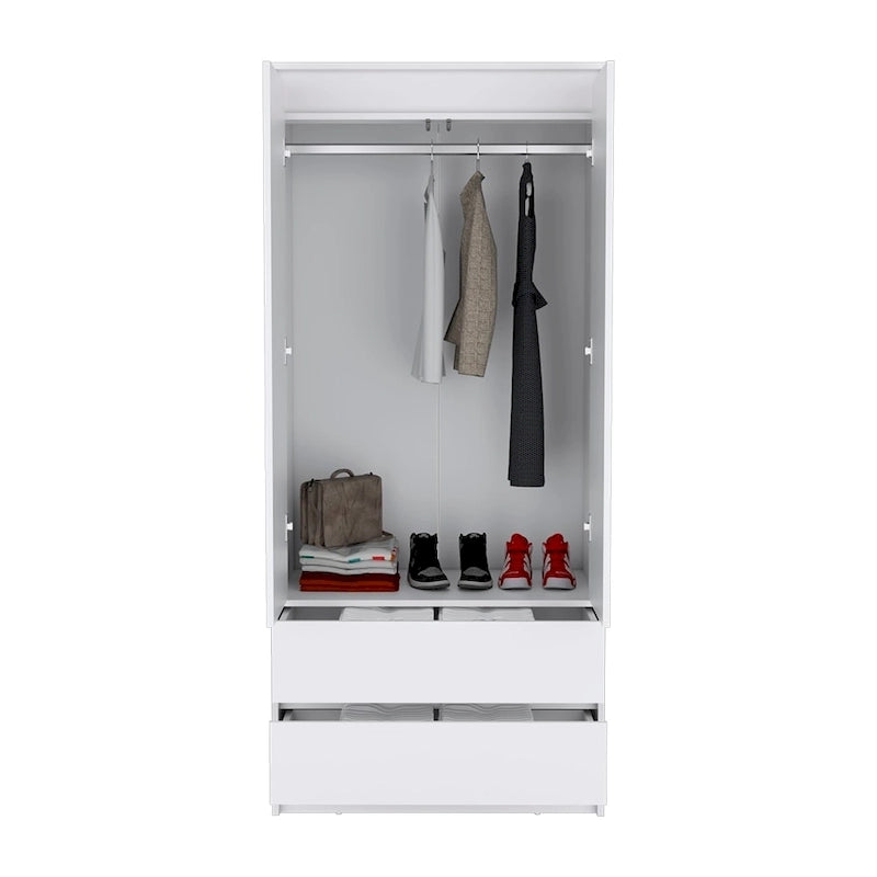 Armoire double porte moderne avec tringle de penderie et deux tiroirs inférieurs