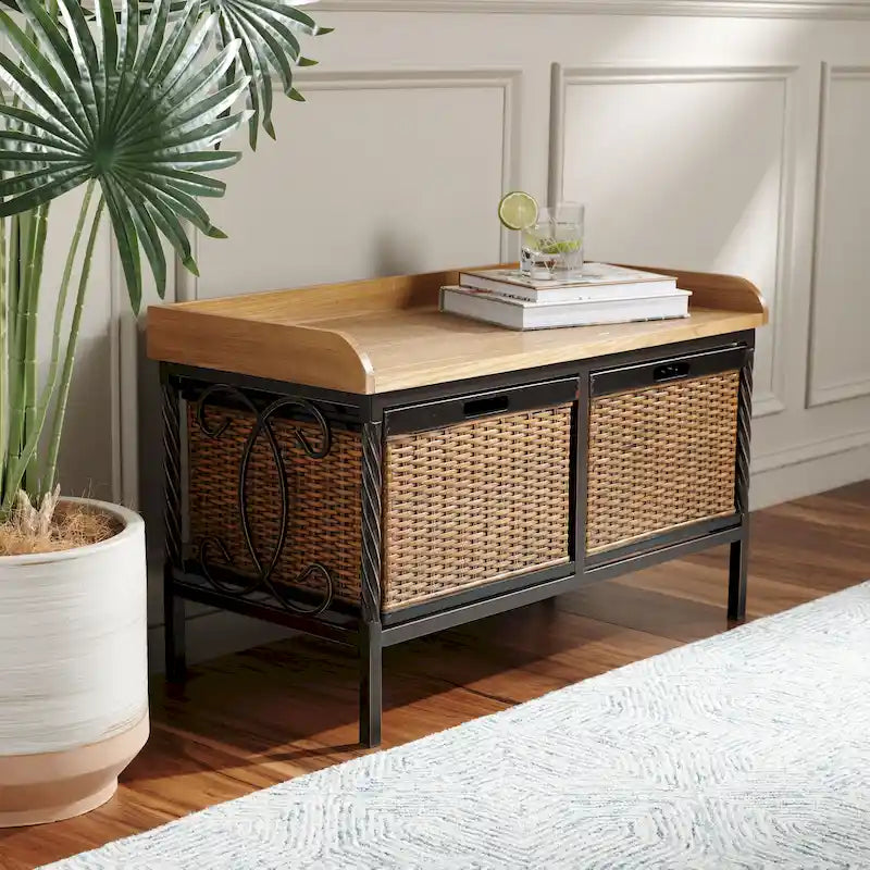 Banc de rangement en étain antique avec paniers en osier et siège en bois de chêne