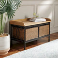Banc de rangement en étain antique avec paniers en osier et siège en bois de chêne