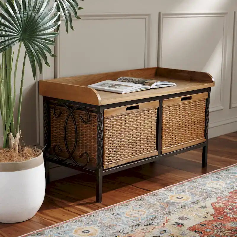 Banc de rangement en étain antique avec paniers en osier et siège en bois de chêne