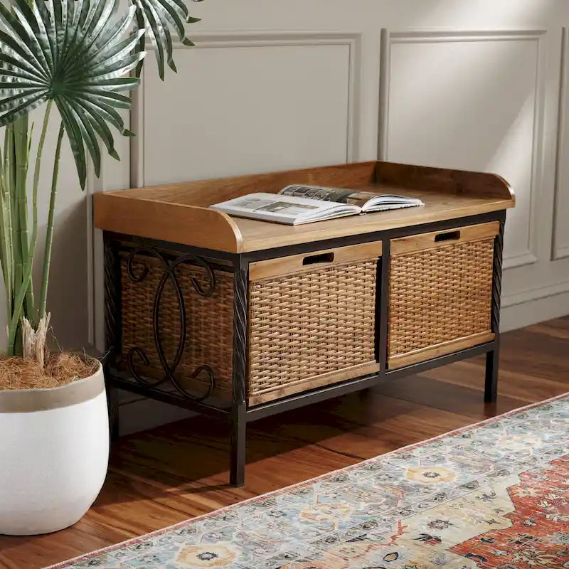Banc de rangement en étain antique avec paniers en osier et siège en bois de chêne