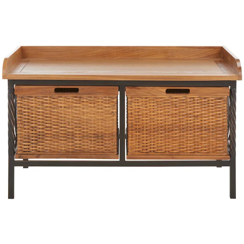 Banc de rangement en étain antique avec paniers en osier et siège en bois de chêne