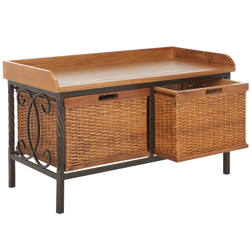 Banc de rangement en étain antique avec paniers en osier et siège en bois de chêne