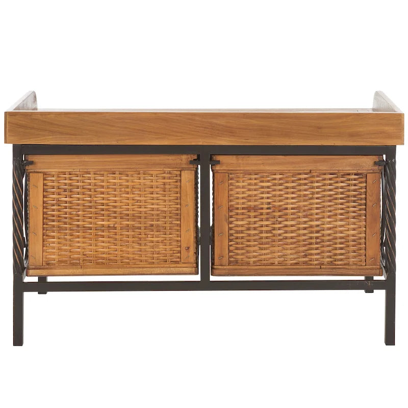 Banc de rangement en étain antique avec paniers en osier et siège en bois de chêne