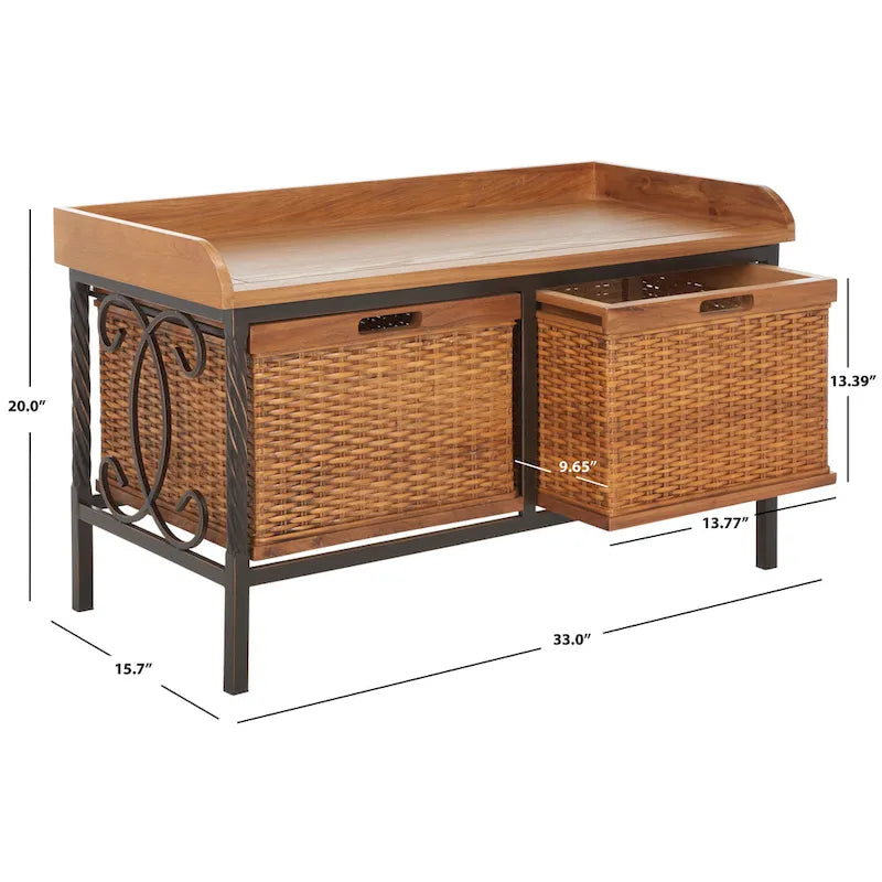 Banc de rangement en étain antique avec paniers en osier et siège en bois de chêne