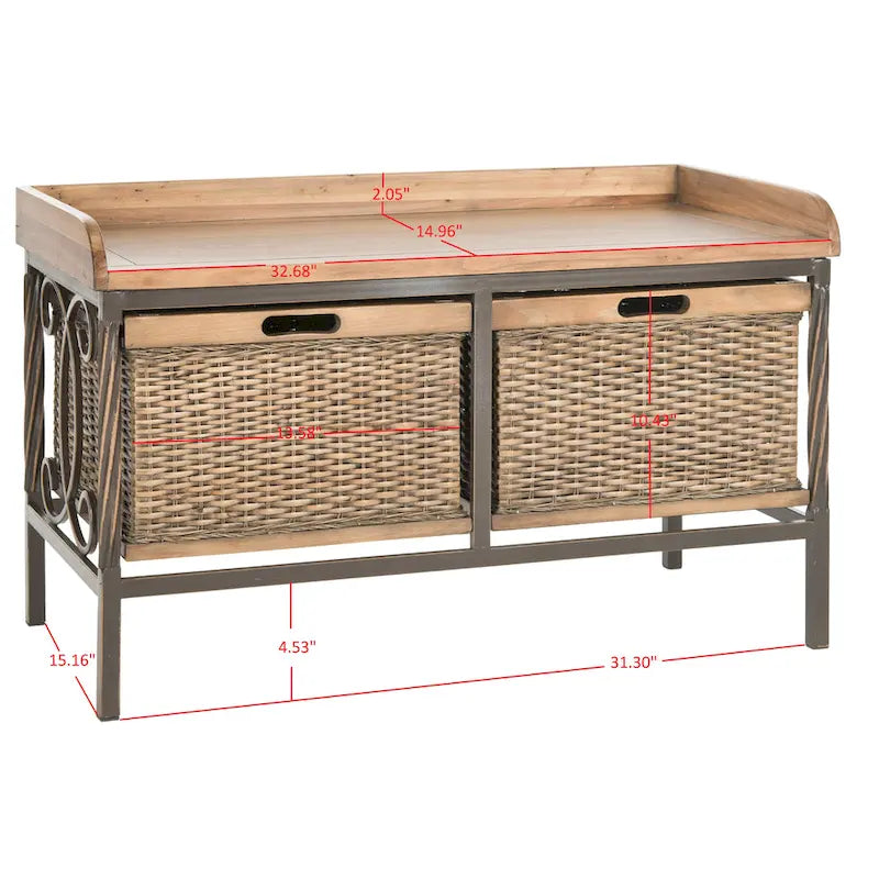 Banc de rangement en étain antique avec paniers en osier et siège en bois de chêne