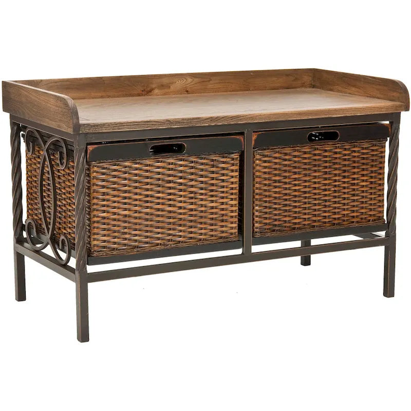 Banc de rangement en étain antique avec paniers en osier et siège en bois de chêne